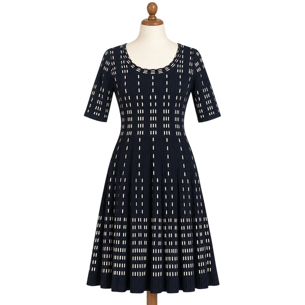Roz & Ali Navy Blue Geometric Ribbed Knit Fit & Flare Sweater Dress Size M